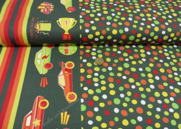 Dots Go olive green jersey Hilco fabric for kids with dots and cars by JaTiJu